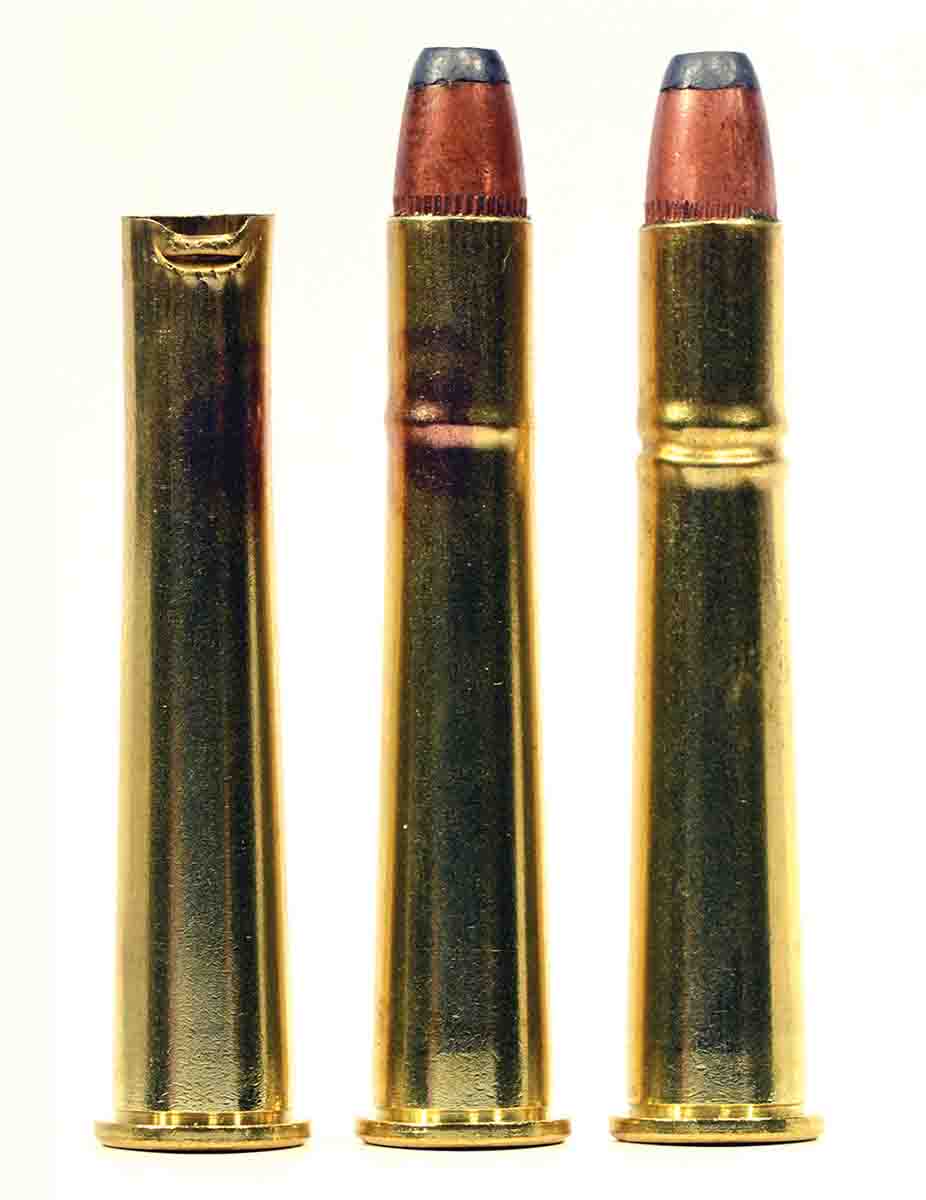 The .32-40’s straight tapered case can be tricky to load. Carefully condition and bell case mouths, even when loading jacketed bullets; a slightly longer case or incomplete cannelure can ruin brass.